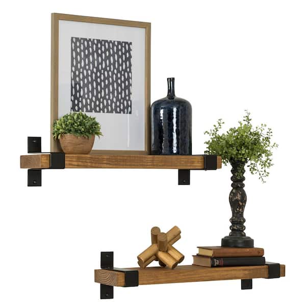 Intrinsic Haven Industrial Wrap 24 in. W x 6 in. D Light Brown Pine Wood Set of 2-Decorative Wall Shelf with Brackets