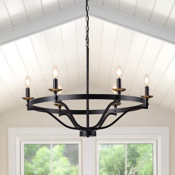 6-Light Black Dimmable Wagon Wheel Chandelier for Foyer with No Bulbs Included