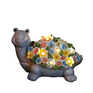 7.3 in. x 5 in. x 4.5 in Solar Turtle Garden Decor with Flowers Statue with Lights for outdoor