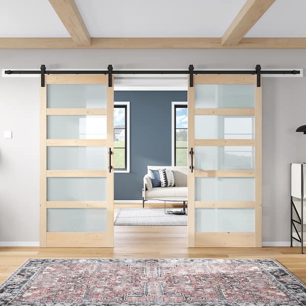 64 in. x 84 in. (Double 32 in.) 5 Lite Frosted Glass Spruce Finished Solid Wood Sliding Barn Door with Hardware Kit