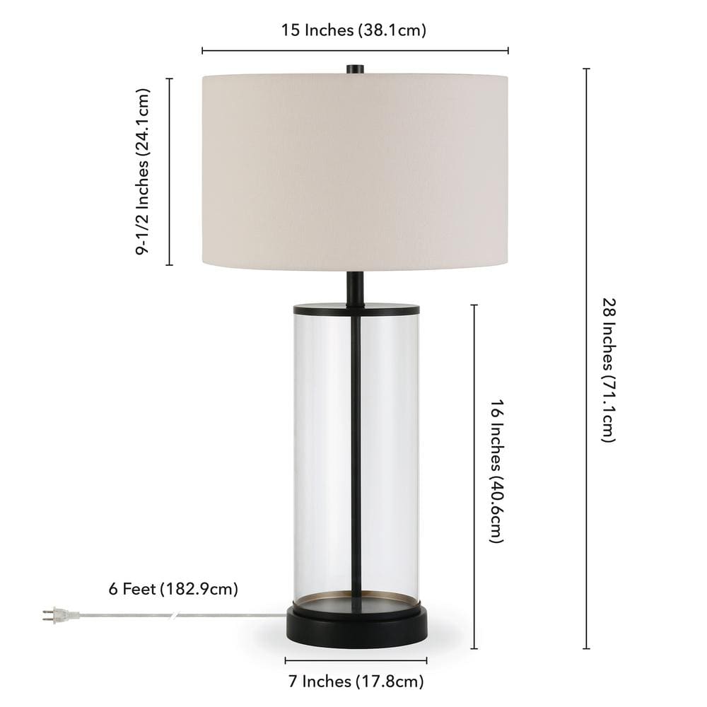 Blackened Bronze and Glass Cylinder Table Lamp with Linen Shade