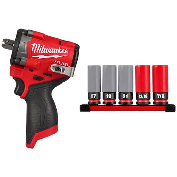 M12 FUEL 12V Li-Ion Brushless Cordless Stubby 1/2in. Impact Wrench w Pin Detent w/SAE &Metric Lug Nut Impact Socket Set