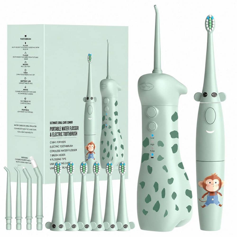 Kids Water Flosser and Sonic Toothbrush Combo, Giraffe and Monkey Design, 3 Gentle Modes, 2 Brush Modes