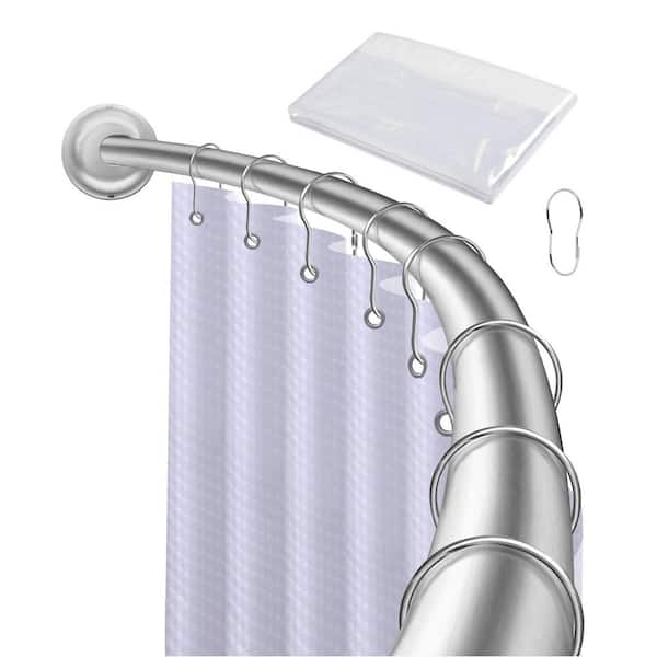 72 in. Aluminum Rustproof Adjustable Wall Mounted Single Curved Shower Rod, with Shower Rings and Shower Liner, Chrome