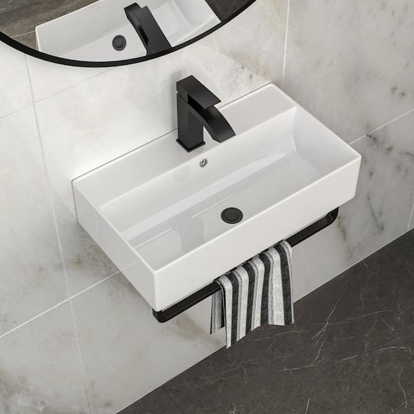 Lyero 21 in. Wall Mount Bathroom Sink White Ceramic with Black Towel Bar, Overflow and Black Faucet
