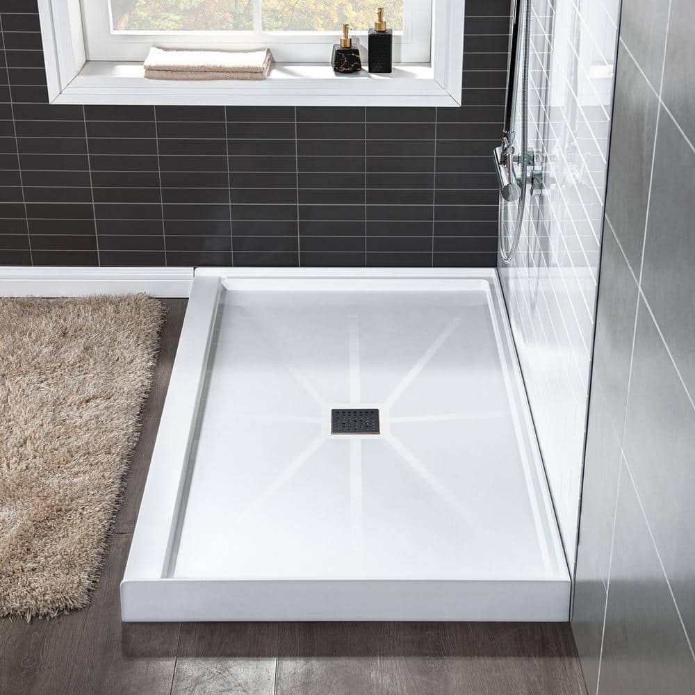 60" x 36" White Solid Surface Rectangular Shower Pan Base with Oil-Rubbed Bronze Drain Cover