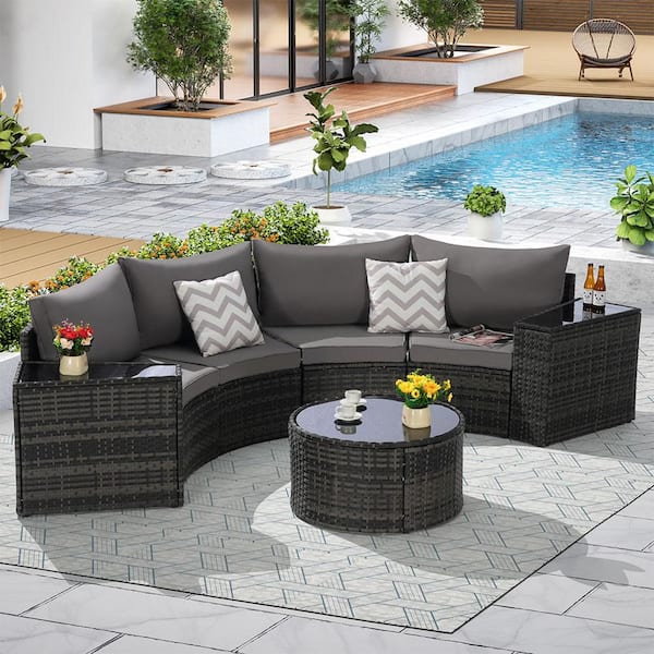 7-Pieces Metal Outdoor Half-Moon Sectional Round Patio Furniture Set Sofa with Dark Gray Cushions