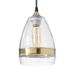6 in. W x 10 in. H 1-Light Brass Ring Hammered Hand Blown Glass Pendant Light with Clear Glass Shade