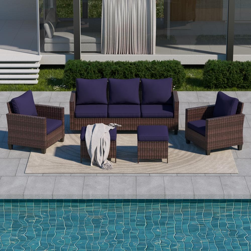 5-Piece Brown Wicker Outdoor Conversation Seating Sofa Set, Navy Blue Cushions with 3-Seater Sofa, Ottomans price history on PriceWatchPro