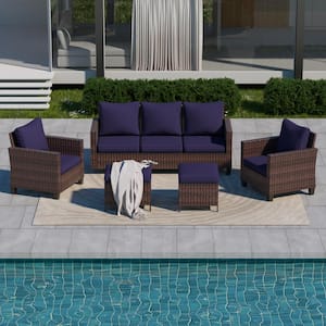 5-Piece Brown Wicker Outdoor Conversation Seating Sofa Set, Navy Blue Cushions with 3-Seater Sofa, Ottomans