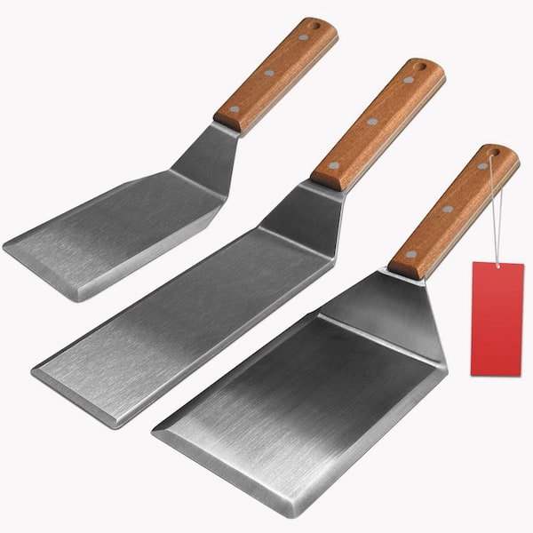 Stainless Steel Silver Kitchen Tools Spatula Set Wood Handle Beveled Edge Heavy Duty Griddle Grill BBQ Accessory Set
