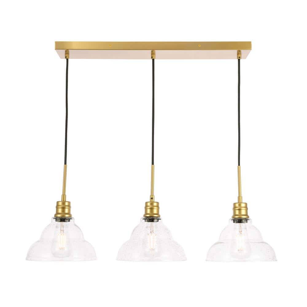 Timeless Home 34.5 in. 3-Light Brass and Clear Seeded Glass Pendant Light, 