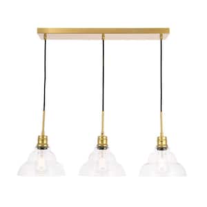 Timeless Home 34.5 in. 3-Light Brass and Clear Seeded Glass Pendant Light, Bulbs Not Included