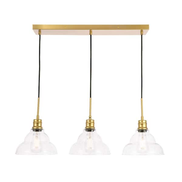 Unbranded Timeless Home 34.5 in. 3-Light Brass and Clear Seeded Glass Pendant Light, Bulbs Not Included