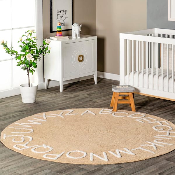 Kids Machine Washable Beige 6 ft. Alphabet Print Round Rug
