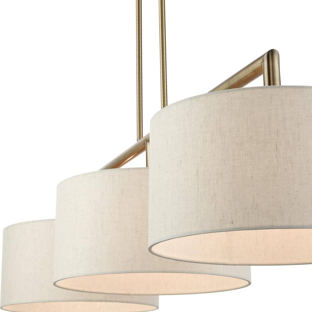 Meridian Antique Brass 3-Light Linear Chandelier with Oatmeal Shades