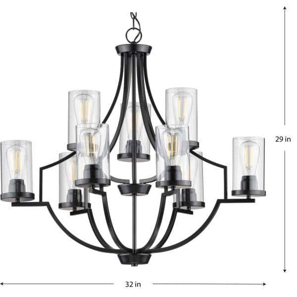 Progress Lighting Lassiter Collection 9-Light Matte Black Clear Glass Modern Chandelier Light