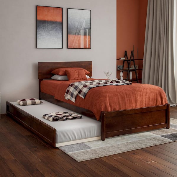 AFI Wesley Walnut Brown Solid Wood Frame Twin XL Platform Bed with Panel Footboard and Twin XL Trundle