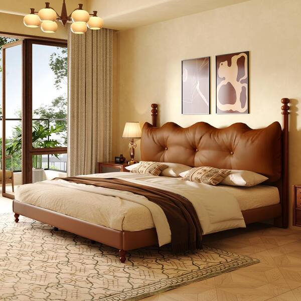 CHRISTOPHER KNIGHT HOME Horgal King Size Upholstered PU Leather Platform Bedframe and Headboard Set with Bedposts, Tufted, Brown