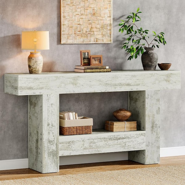 TRIBESIGNS WAY TO ORIGIN Benjamin 63 in. Distressed White Rectangle Wood Console Table Behind Sofa Entryway Couch Wall 2-Tier Storage Shelves