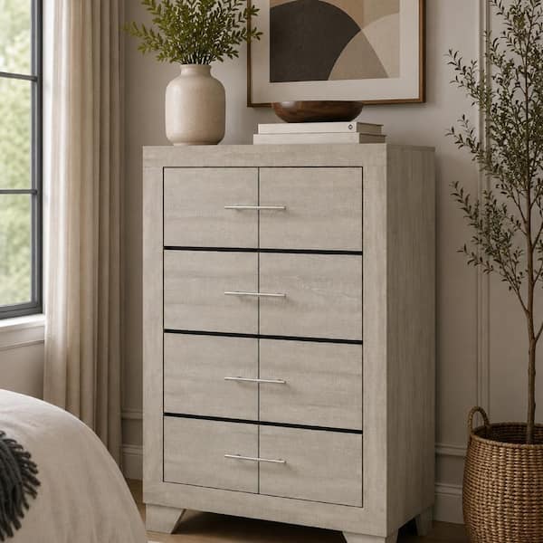 Qanto Tall Dresser Chest, 4 Drawers, Nickel Metal, Rustic Cream Wood