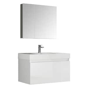 Mezzo 36 in. Vanity in White with Acrylic Vanity Top in White with White Basin and Mirrored Medicine Cabinet