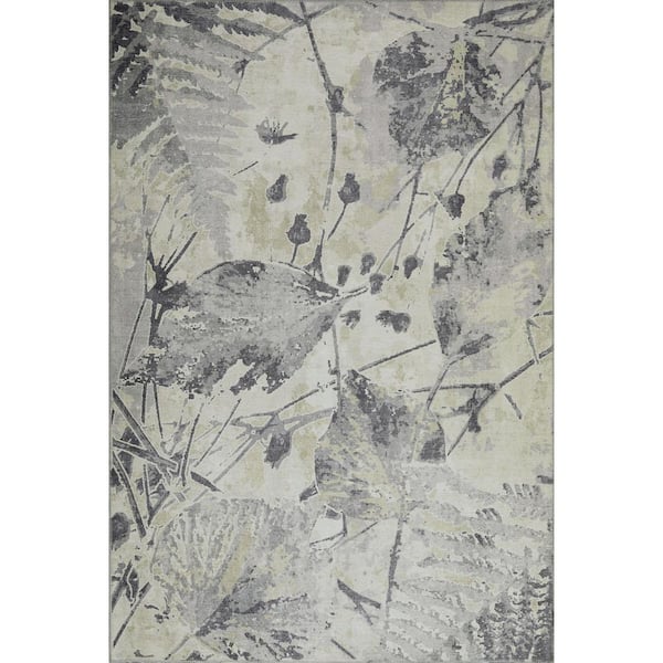 Cayetana Gray 2 ft. x 3 ft. Tropical and Floral Machine Washable Area