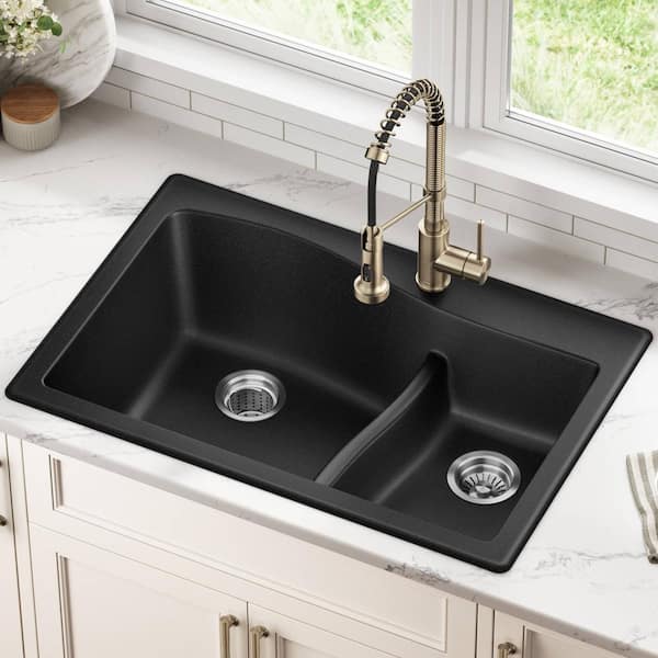 Quarza Drop-in/Undermount Granite Composite 33 in. 1-Hole 60/40 Double Bowl Kitchen Sink in Black