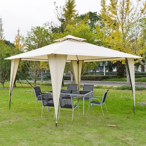 11.5 ft. x 11.5 ft. Beige Steel Soft-Top Outdoor Patio Gazebo with Double-Tier Roof and Ground Stakes