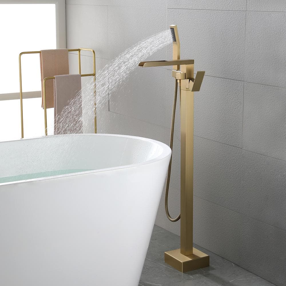 Gold Freestanding Floor Mount Tub Faucet with Hand Shower