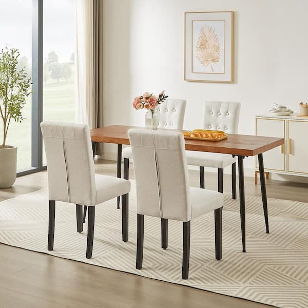 VECELO Upholstered Dining Chairs Set of 4 Biege Button Tufted Back, Padded Seat, Wood Legs with Rubber Footpads Kitchen Chairs