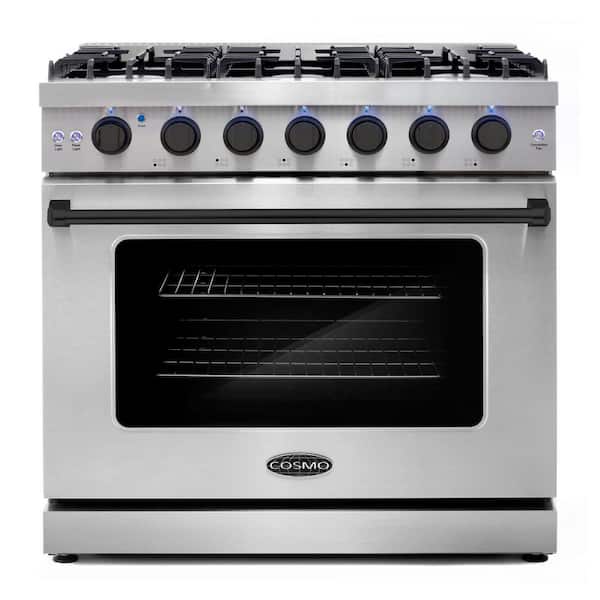36 in. 6.0 cu. ft. Gas Range, 6 Burners, Convection Oven, Knob LEDs, Stainless Steel, Matte Black Handle Knob Kit