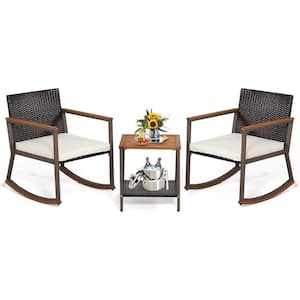 Brown 3-Piece Wicker Rocking Chair Outdoor Bistro Set with White Cushion, Wood Top Table for Porches and Balcony