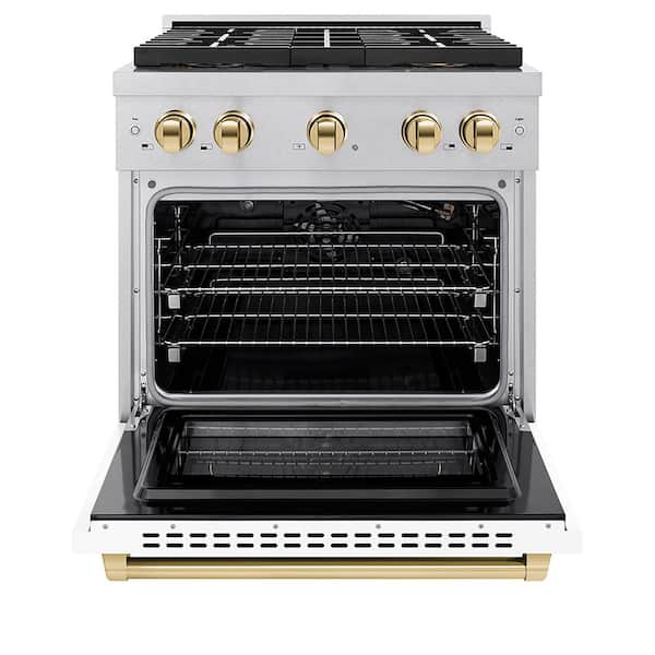 Autograph 30 in. 4.2 cu. ft. Gas Range with 4-Burner Cooktop and Gas Oven in Satin Stainless with White Matte and Gold