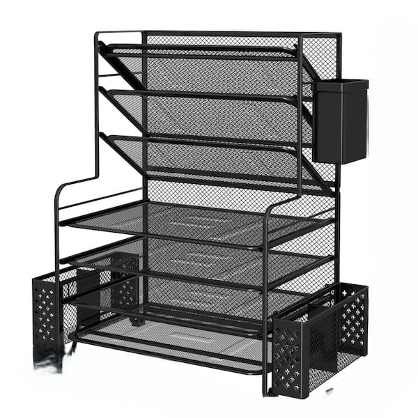 7-Tier Desk File Organizer with Pen Holder and Metal Hanging Basket, Letter Tray Paper Organizer