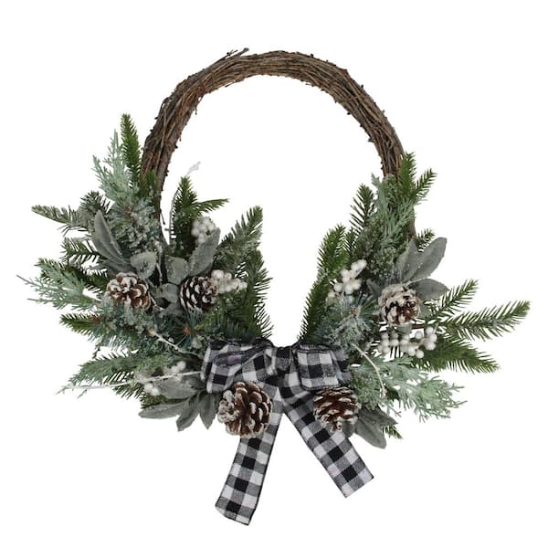 Northlight 23 in. Unlit Iced Winter Foliage Artificial Christmas Twig Wreath with Black Bow