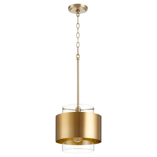 10 in. Clear Glass 1-Light Pendant - Aged Brass