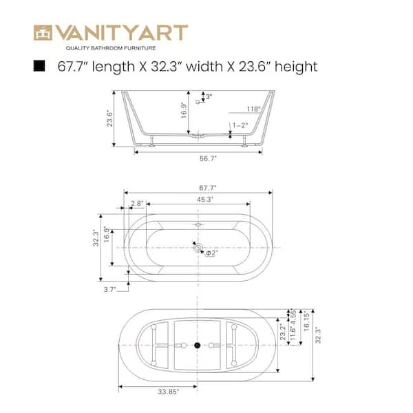 Vanity Art Cholet 67 in. Acrylic Flatbottom Freestanding Bathtub in Black  and White VA6812-BL - The Home Depot