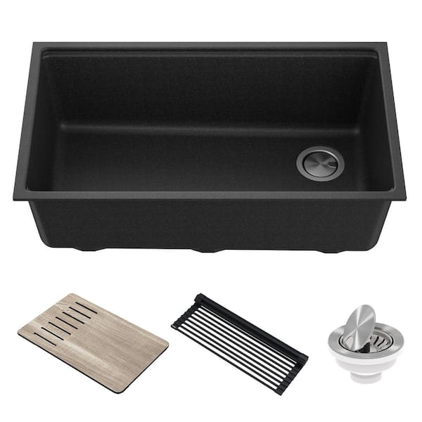 KRAUS Bellucci Black Granite Composite 32 in. Single Bowl Undermount Workstation Kitchen Sink with Accessories