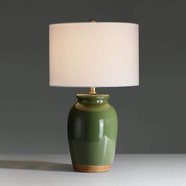 23 in. 3-Way Green Ceramic Table Lamp with White Drum Shade