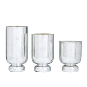 Silver Glass Pillar Hurricane Lamp (Set of 3)
