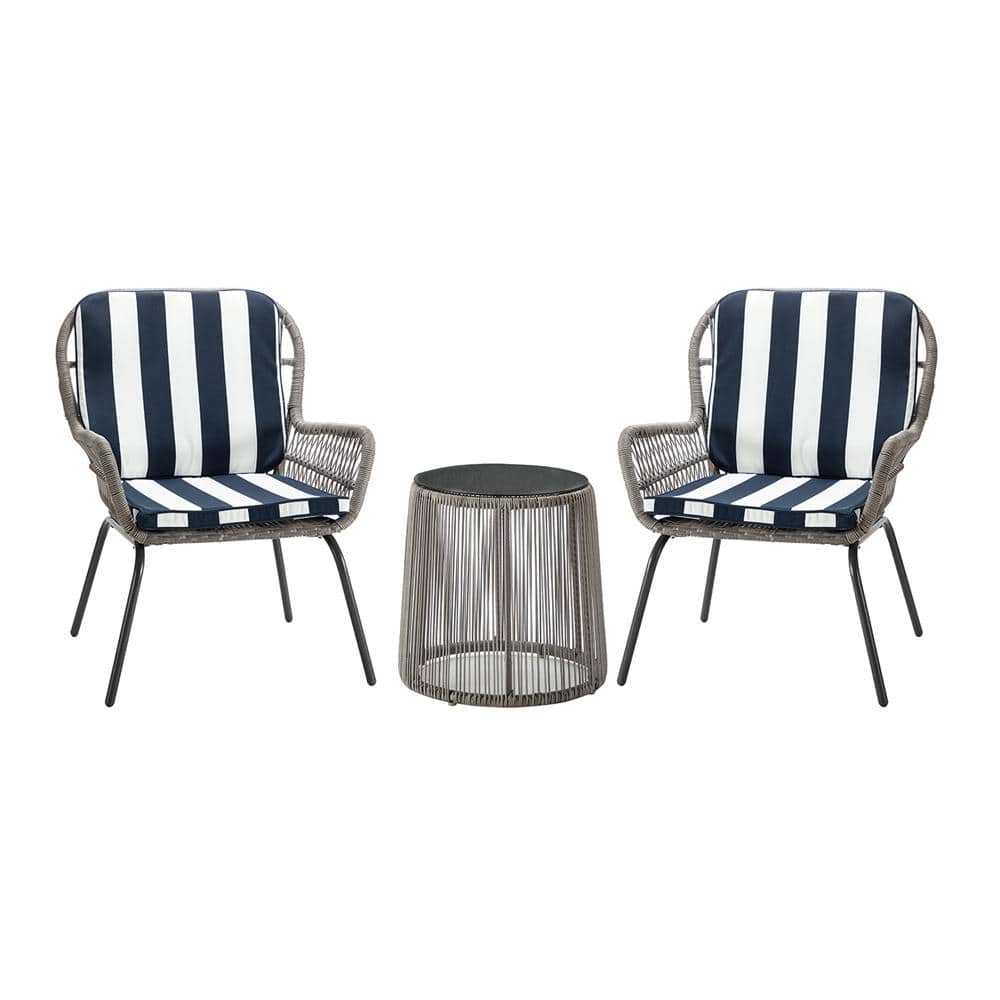 Black 3-Piece Wicker Outdoor Bistro Set with Navy Striped Cushion