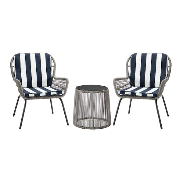 Unbranded Black 3-Piece Wicker Outdoor Bistro Set with Navy Striped Cushion