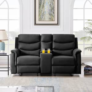 67.7 IN Black Faux leather 2-Seater Loveseats with storage console and 2 plastic cup holders