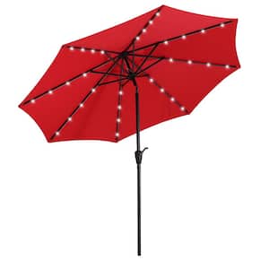 9 ft. Steel Pole Market Outdoor Patio Umbrella Push Button Tilt with 32 LED Solar Lights in Red