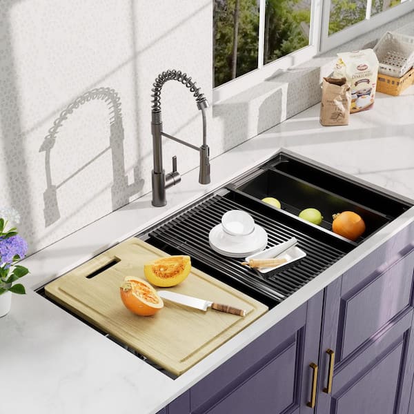 33 in. x 19 in. Undermount Double Bowls 18-Gauge Stainless Steel Kitchen Sink with Pull-out Faucet and Accessories