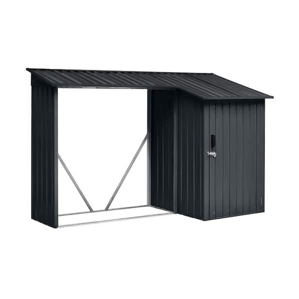 Unbranded 106.5 in. Outdoor Steel Firewood Rack and Metal Storage Shed, 2-in-1, Black