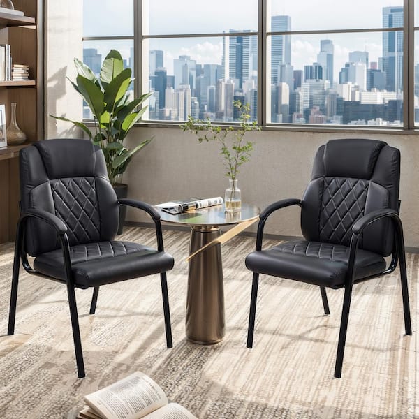 Faux Leather Office Guest Chairs, Upholstered Ergonomic Stationary Side Chairs in Black with Padded Arms (Set of 4)
