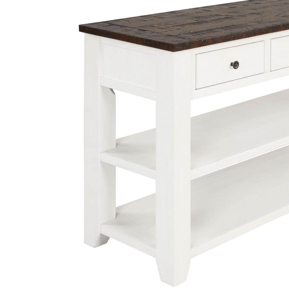 Antique White and Brown Wood Console Table with Storage