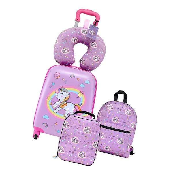 Unicorn Kids Carry-On Luggage Set 5pcs 18in. Hardside Rolling Suitcase w/ Backpack & Pillow Airline Approved 2025 update